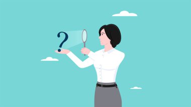 Sorun analizi, iş problemlerinin ortak başlığını aramak, sorunları çözmek için bilgi arayışı, iş kadını büyüteç konsepti çizimi kullanarak soru işaretini inceliyor