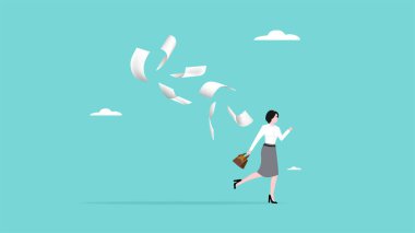 Aşırı iş yükünü tamamlamaktan bunalmış, iş problemleri ve sıkıntılardan dolayı stresli ve yorgun, tükenmiş ve depresyonda, kafası karışmış ve korkmuş iş kadını evrak peşinde koşmaktan kaçıyor.