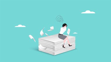 Aşırı iş yükü, ağır iş yükü ya da iş yükü ile aşırı çalışma depresyon, tükenme ve düşük verimlilik yaratıyor, iş kağıtları üzerinde oturan stresli kadın birikmiş ve dağınık