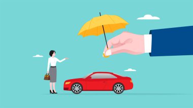 Araba sigortası ya da araba kazalarına karşı sigorta, otomobil koruma konsepti, ulaşım kazası sigortası, büyük işkadını eli arabayı ve sahibini tehlikeden korur