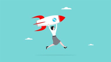 Solopreneur, bağımsız iş kadını veya müteahhit, işlerini geliştirmek için yalnız çalışan işletme sahipleri, girişimci azim vektör illüstrasyonuyla şirket roketini tek başına fırlatıyor
