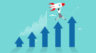 Solopreneur ya da bağımsız iş adamı, bağımsız iş adamı konsepti, işlerini geliştirmek için yalnız çalışan iş adamları, iş kadını şirket roketini iş büyüme grafiğinin üzerinde tek başına fırlatıyor