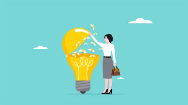 Fikir üretimi, yeni fikirlerin, yeniliğin ya da yaratıcılığın ortaya çıkmasına ilham verecek fikirler geliştirme süreci, genç iş kadını daha fazla yeni ampul fikirleri yaratmak için ampul fikirleri açıyor.