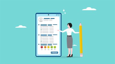 Çevrimiçi anket anketi, yorumlar veya eleştiriler ve öneriler, soruları çevrimiçi yanıtlamak, değerlendirmek için müşteri geri bildirim listesi, akıllı telefon anketi kalem bitiren kadın