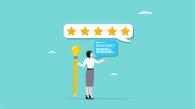 Müşteri değerlendirmesi, çevrimiçi geribildirim ya da anket formu, ürün hakkında yorum forumu, konuşma baloncuklu en iyi derecelendirme, kalemli kadın ürünle ilgili yorum ve 5 yıldız değerlendirmesi