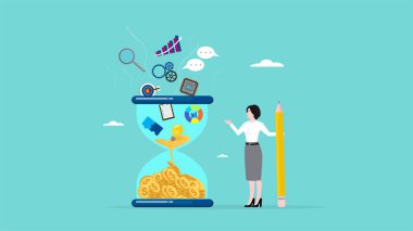 skill to earn money, work experience or skill development, learning new skill, expertise success, business woman converts multiple skills into money using hourglass