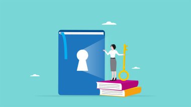 Eğitim, eğitim, başarı, bilgi ve becerinin gelişiminin anahtarı mesleki büyüme için eğitimle ilgili olanaklar, altın anahtarı olan kadın bilgi kitabında anahtar boşluğu buldu