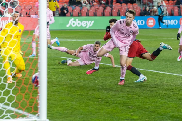 stock image Toronto, ON, Canada - Match 18, 2023:     Jonathan Osorio #21 midfielder of the Toronto FC score the goal during the match between Toronto FC (Canada) and Inter Miami FC (USA) at BMO Field in Toronto, Canada.  MLS Regular Season.