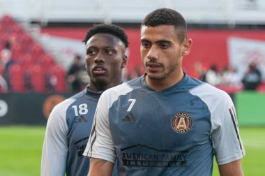 Toronto, ON, Kanada - 15 Nisan 2023: Georgios Giakoumakis # 7 forvet Atlanta United 'ın Toronto FC (Kanada) ile Atlanta United (ABD) arasındaki 2023 MLS Normal Sezonu maçından önce Toronto, Kanada' daki BMO Field 'da (Score 2: 2)