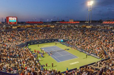 Toronto, ON, Kanada - 8 Ağustos 2019: Rogers Kupası tenis turnuvası sırasında eski Aviva Centre ve Rexall Centre 'daki Sobeys Stadyumu' nda görüldü. 12.500 kapasiteli stadyum, tenis kompleksindeki en büyük stadyumdur. Sobeys Stadyumu ana mekan.