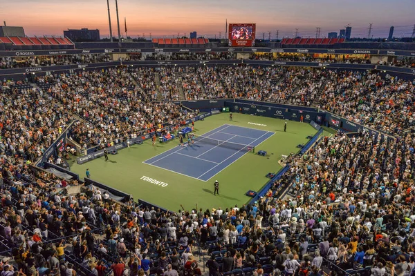 stock image Toronto, ON, Canada - August 8, 2019: View at Sobeys Stadium, formerly Aviva Centre and Rexall Centre, during the Rogers Cup tennis tournament. The 12,500-capacity Stadium Court is the largest stadium at the tennis complex. Sobeys Stadium is the venu