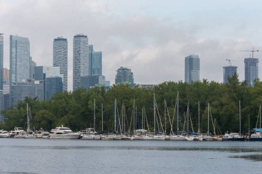 Toronto, ON, Kanada - 21 Ağustos 2022: Toronto şehir merkezinin gündüz vakti Toronto Adaları 'ndan görüntüsü