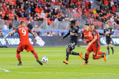Toronto, Kanada. 4 Mayıs 2018 - Toronto FC (Kanada) ile Philadelphia Union (ABD) arasında BMO Sahasında oynanan 2018 MLS Normal Sezonu maçı (Puan 3: 0))