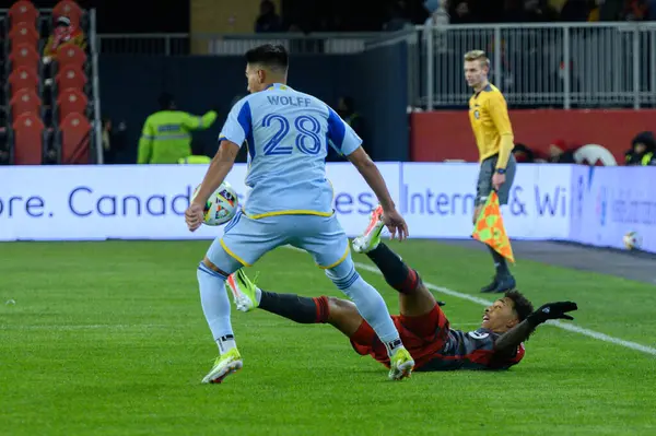 Toronto, ON, Kanada -23 Mart 2024: Jahkeele Marshall-Rutty # 7 forvet Toronto FC 'nin Toronto FC (Kanada) ile Atlanta United (ABD) arasında oynanan MLS Düzenli Sezonu karşılaşması sırasında sahada (Skoru 2: 0))