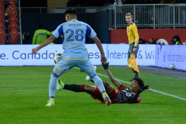 Toronto, ON, Kanada -23 Mart 2024: Jahkeele Marshall-Rutty # 7 forvet Toronto FC 'nin Toronto FC (Kanada) ile Atlanta United (ABD) arasında oynanan MLS Düzenli Sezonu karşılaşması sırasında sahada (Skoru 2: 0))