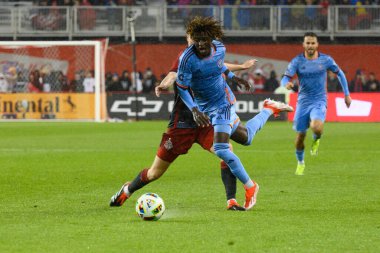 Toronto, ON, Kanada - 11 Mayıs 2024: Toronto FC 'nin 17 numaralı savunucusu Toronto FC' de oynanan MLS karşılaşmasında Toronto FC (Kanada) ile New York City FC (ABD) arasında oynanan maçta Malachi Jones 'u yere serdi.