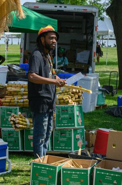 Toronto, ON, Kanada - 5 Ağustos 2023: Bıçaklı bir adam Toronto Karayip Karnavalı sırasında içki hazırlamak için şeker kamışı soyuyor