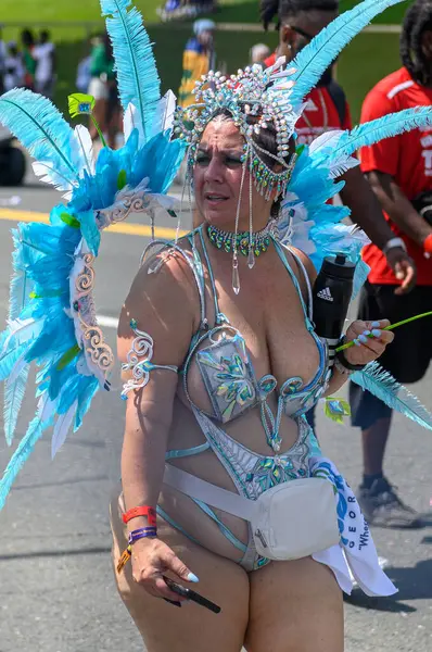 stock image Toronto, ON, Canada - August 5, 2023: parade participant dressed in glittering feathered parade costume for Toronto's Caribana Parade