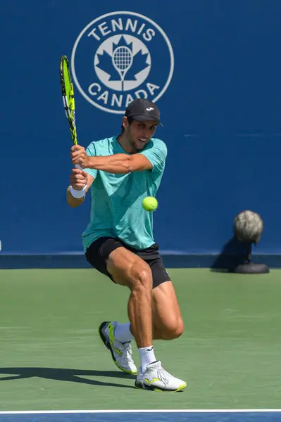 Stock image Toronto, ON, Canada - August 7, 2023: Aleksandar Vukic (Australia) plays against Diego Schwartzman (Argentina) during the qualifying match of the National Bank Open at Sobeys Stadium in Toronto