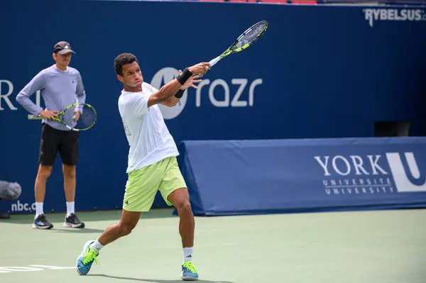 stock image Toronto, ON, Canada - August 5, 2023:  Felix Auger-Aliassime (Canada) on a court during the training session at of the National Bank Open at Sobeys Stadium in Toronto