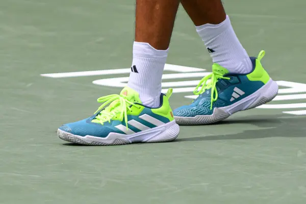 stock image Toronto, ON, Canada - August 5, 2023: View at tennis sneakers of Felix Auger-Aliassime during the the National Bank Open at Sobeys Stadium in Toronto