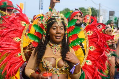 Toronto, ON, Kanada - 3 Ağustos 2024: Toronto 'daki Caribana Geçit Töreni için gösterişli tüylü geçit töreni kostümü giyen katılımcı