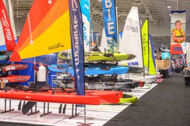 Toronto, ON, Canada  January 18, 2025: Sailboats are presented at the exhibition at the 67th Toronto International Boat Show, at the Exhibition Place.. clipart