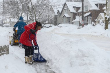 Toronto, ON, Kanada - 27 Şubat 2025: Bir kişi kar fırtınası sırasında karla kaplı ağaçların ve tuğla evlerin yakınındaki bir yolda kar kürüyor.