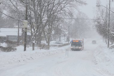Toronto, ON, Kanada - 27 Şubat 2025: Toronto Ulaşım Komisyonu (TTC) otobüsü karlı bir sokakta evler ve yaya levhalarıyla ilerliyor.