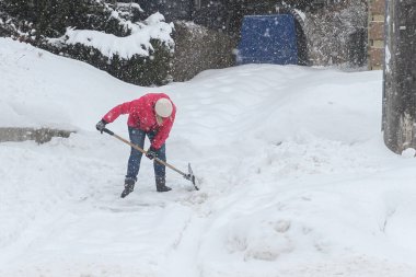 Toronto, ON, Kanada - 27 Şubat 2025: Bir kişi kar fırtınası sırasında karla kaplı ağaçların ve tuğla evlerin yakınındaki bir yolda kar kürüyor.
