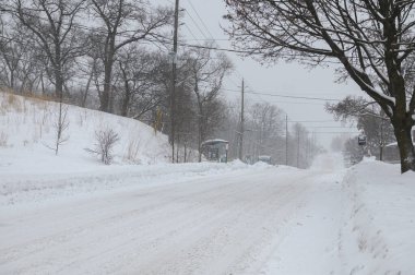 Toronto, ON, Kanada - 27 Şubat 2025: Karlı bir cadde tuğla binalar ve çıplak ağaçlarla dolu bir yerleşim alanından geçiyor.