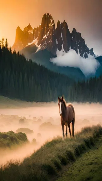 Wild horse couple in forest with aesthetic background of forest near misty mountain and reflection of sunset sun, good use for business, company, website, blog etc