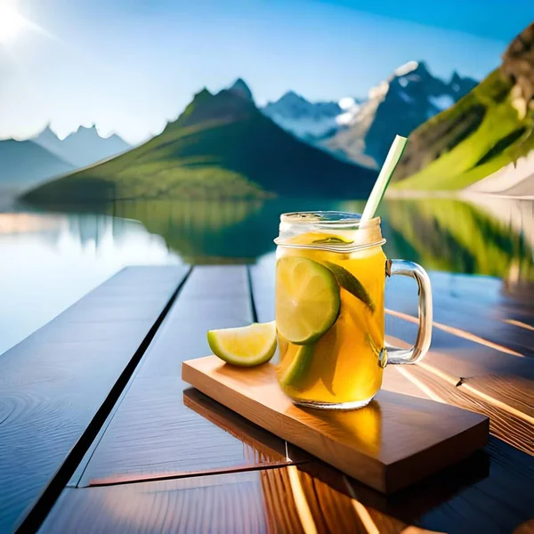 Lemon tea drink served with glass filled with ice and lemon slices exotic background of mountains, rivers, lakes great for business, wallpaper, blog, company, website etc.