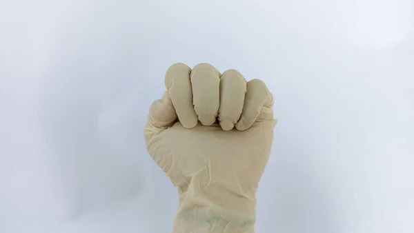 Uma Mão Uma Luva Médica Uma Luva Médica Fundo Branco — Fotografia de Stock