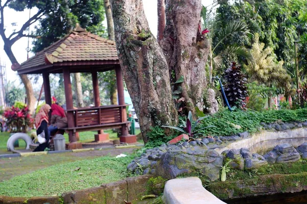 市立公園内の小さな装飾噴水の昼間の景色 — ストック写真