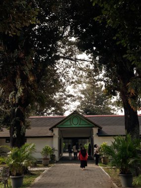 Yeşil elbiseli, sırt çantalı ve arka planda çantası olan bir adam. 