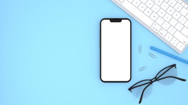 Tasarımınız için açık mavi arkaplan üzerinde çalışma alanı akıllı telefon ekranı. İş, ofis arka planı, fotokopi odası üst görünümü, düz döşeme. Klavye, gözlük, kalem. 3d hazırlayıcı