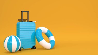 Sarı arka planda plaj aksesuarları olan renkli bavul ya da bavul. Yaz tatili konsepti ve tatillerinin 3 boyutlu canlandırması