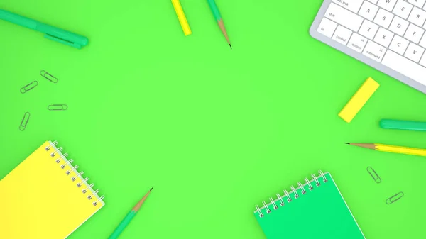 Minimal workspace - creative desktop. Top view of an office desk with a keyboard and office supplies on a pastel green background. Top view with copy space, flat lay. 3d rendering