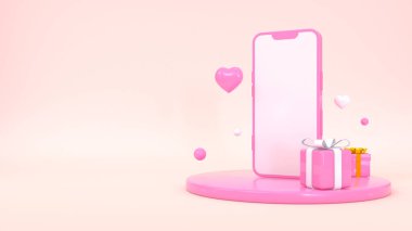 3D telefon modeli, hediyeler ve pembe arka planda uçan kalpler.