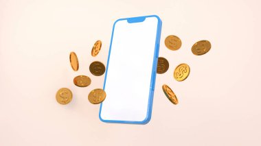 Altın sikkelerin uçtuğu mavi telefon, online alışveriş, online bankacılık, çevrimiçi para transferi. 3B görüntüleme