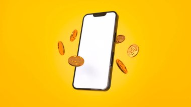 Sarı arka planda altın sikkelerin uçuştuğu bir telefon. 3B görüntüleme