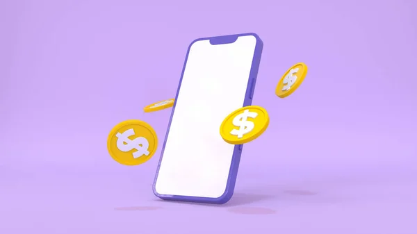 Online Płatności Monety Pływające Smartphone Pusty Biały Ekran Koncepcji Transakcji — Zdjęcie stockowe
