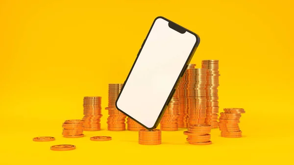stock image Phone mockup with white screen around a lot of gold coins on the yellow background, financial background, online shopping. 3D rendering
