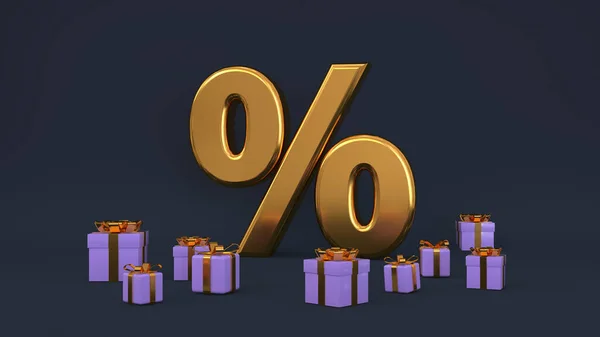 Renderizado Símbolo Porcentaje Oro Con Regalos Alrededor Sobre Fondo Oscuro — Foto de Stock