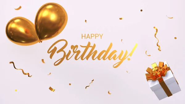 3d render elegant inscription happy birthday with golden balloons, confetti on a white background
