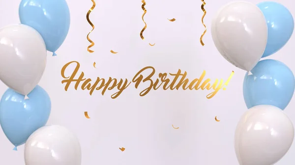 3d render elegant inscription happy birthday with white and blue balloons, golden confetti on a white background