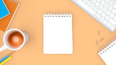 Ofiste, kahverengi masalı bir iş yeri. Not defteri ve kalemle klavye bilgisayarının üst görüntüsü. Modern yaratıcı tasarımcılar için yer var. Fotokopi alanı olan düz bir yer. İş konsepti. 3d hazırlayıcı.