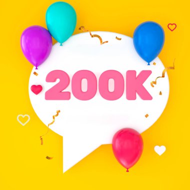 200 bin nüfuslu beyaz bir konuşma balonu, 200 bin aboneyi temsil eden sarı bir arka planda resmedilmiştir. Resimde renkli balonlar, küçük kalpler, altın konfeti ve flamalar yer alıyor. 3B Hazırlama