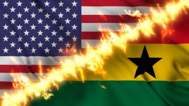 Gana ve ABD 'nin ateş hattıyla ayrılmış bir bayrağının görüntüsü. Çapraz bayraklar: iki ülke arasındaki gergin ilişkilerin, çatışmaların ve rekabetin tasviri